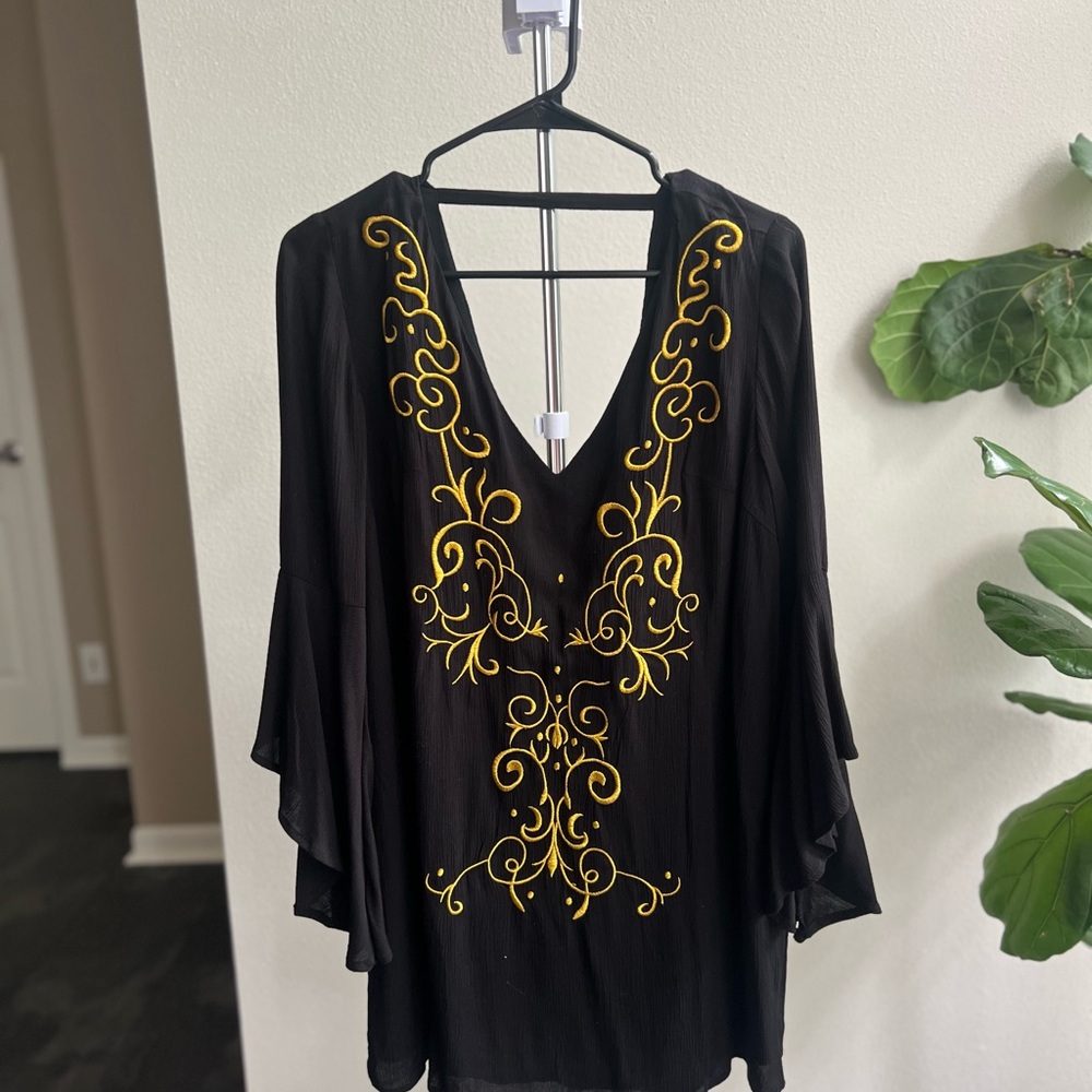 Black and Gold Embroidered Dress w/ Long Bell sleeves